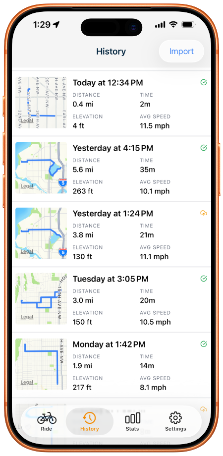 CrankIQ Ride History screen