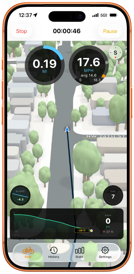CrankIQ app showing live ride stats